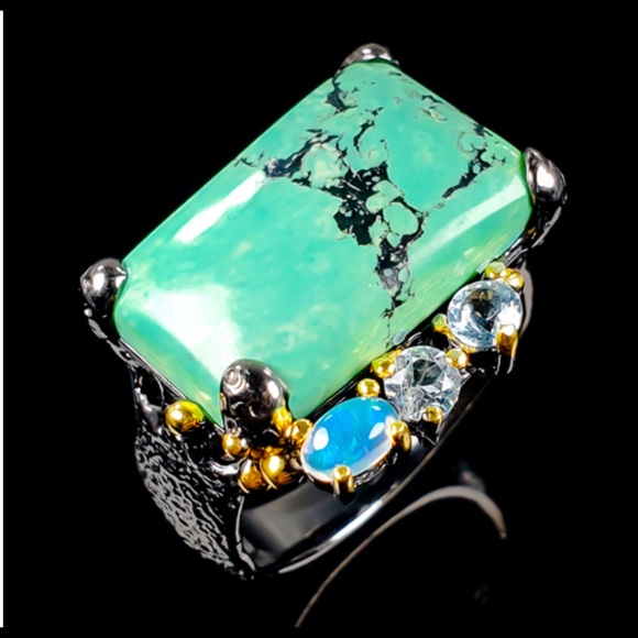 Artist created, stamped 925 Jewelry - Perfect Unisex Geniune Turquoise Ring with Gems